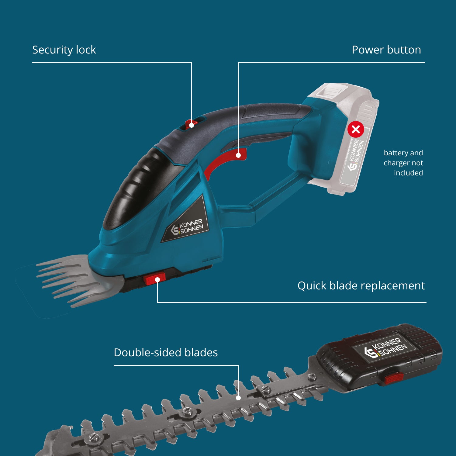 Cordless 2 in 1 Grass Shear and Hedge Trimmer with Telescopic Extension Pole KS SHT-20V + Extension Pole