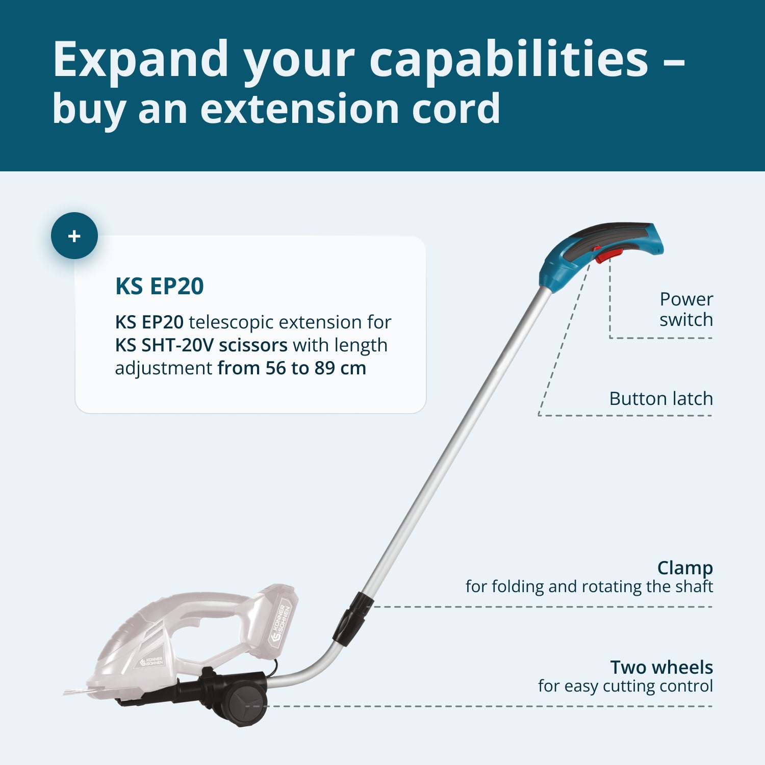 Cordless 2 in 1 Grass Shear and Hedge Trimmer with Telescopic Extension Pole KS SHT-20V + Extension Pole