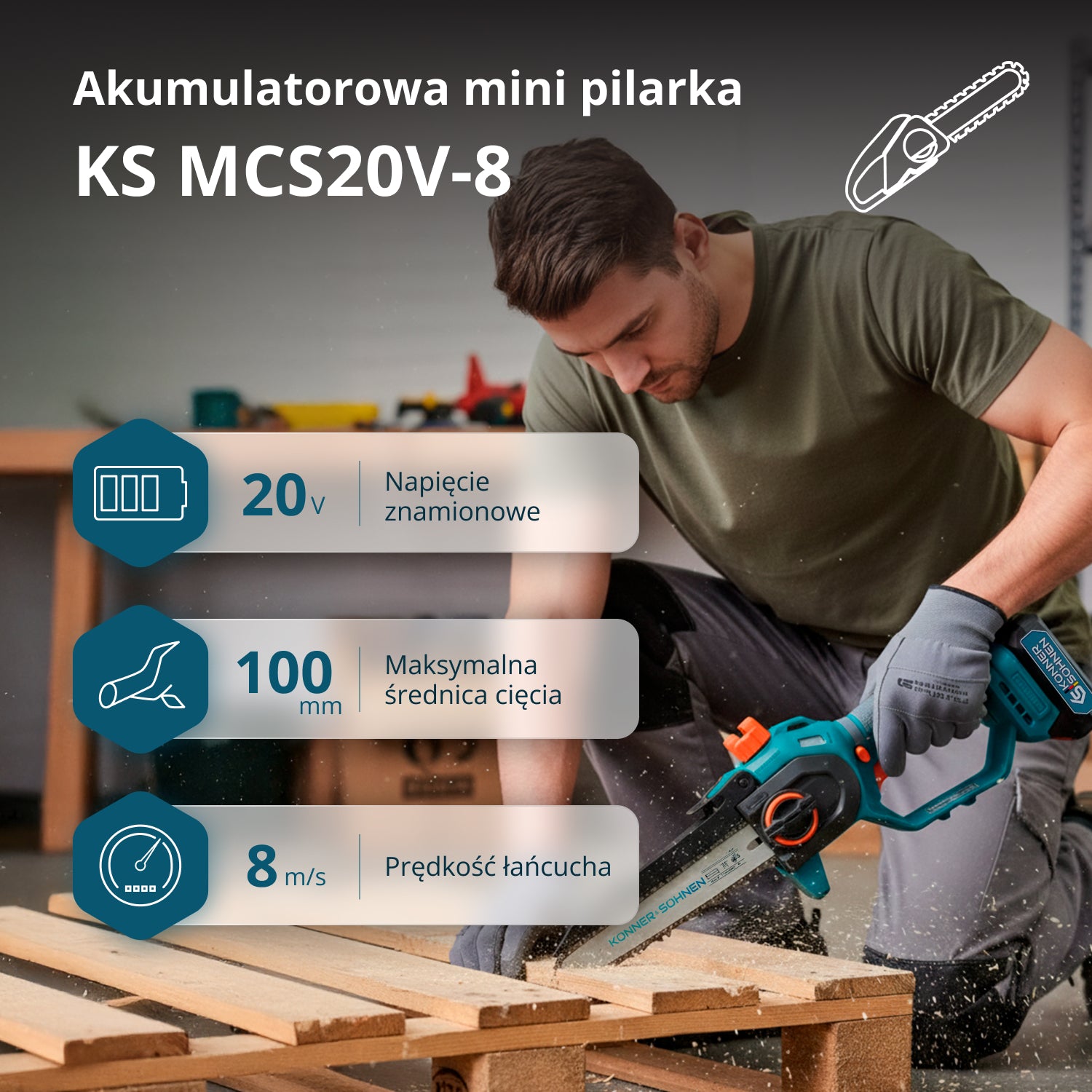 Vezeték nélküli Mini Láncfűrész KS MCS20V-8